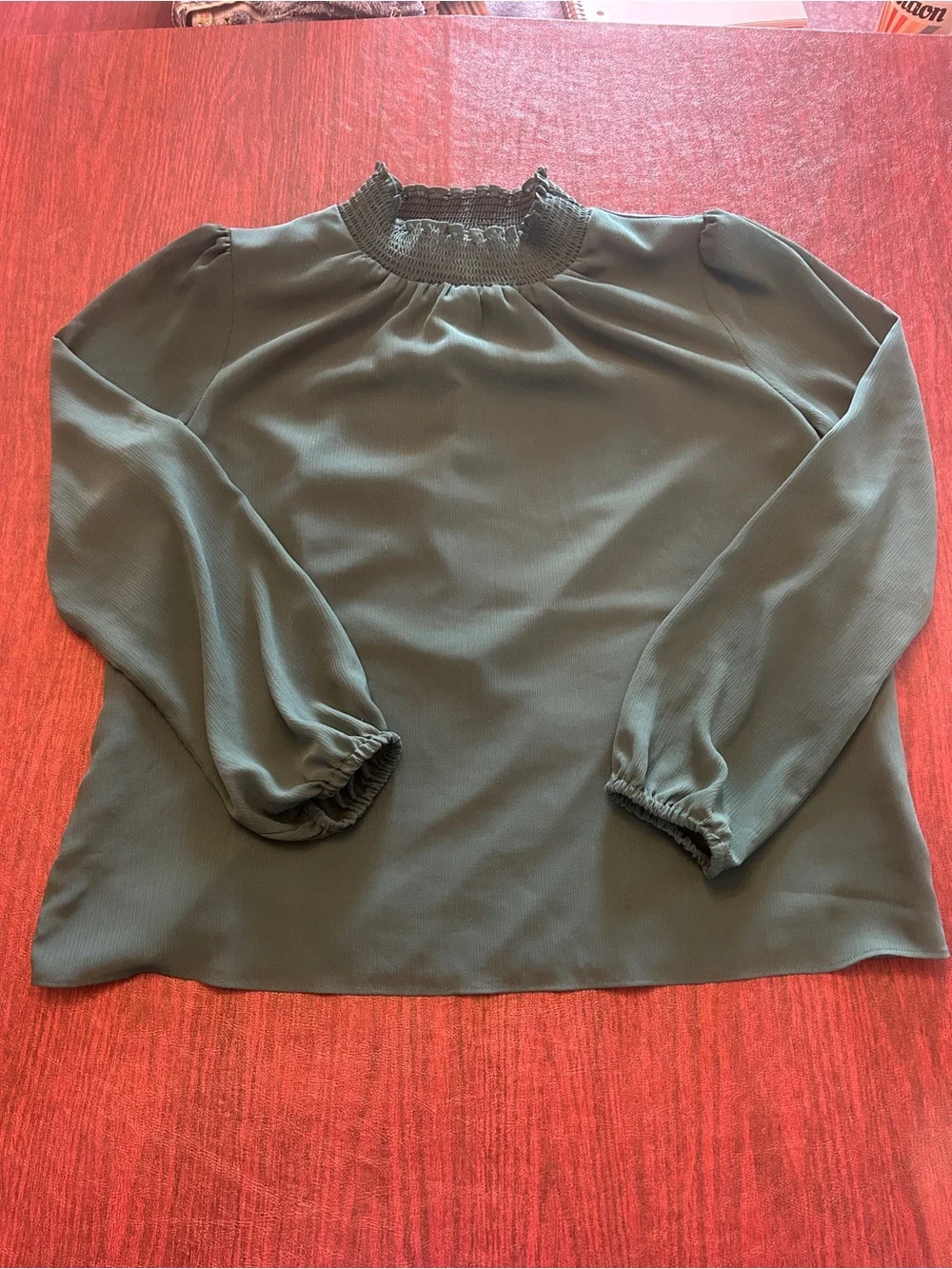 J. Crew Dark Green Smocked Neck Long Sleeve Top